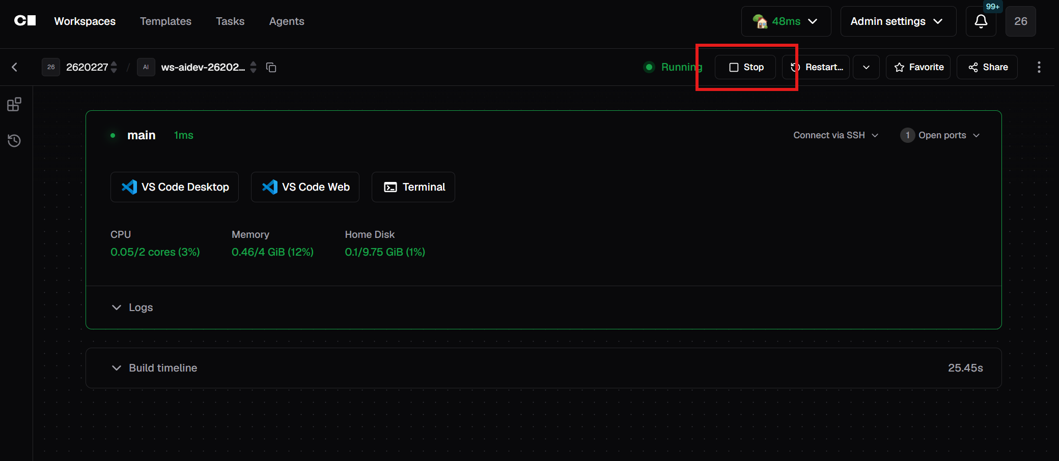 Coder 완전히 stop 후 start