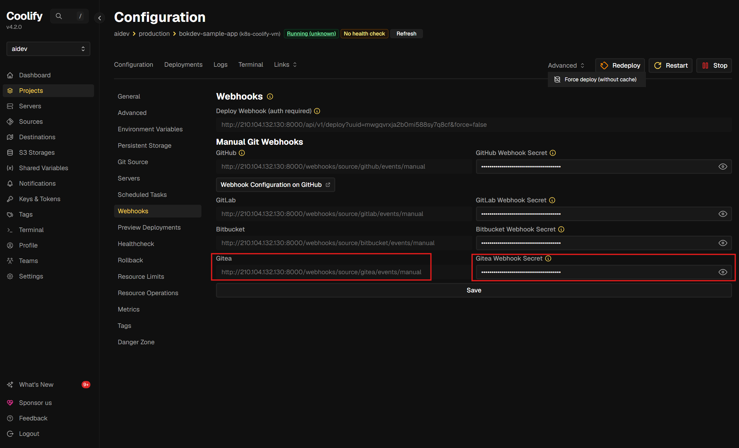 Coolify Webhook URL·Secret