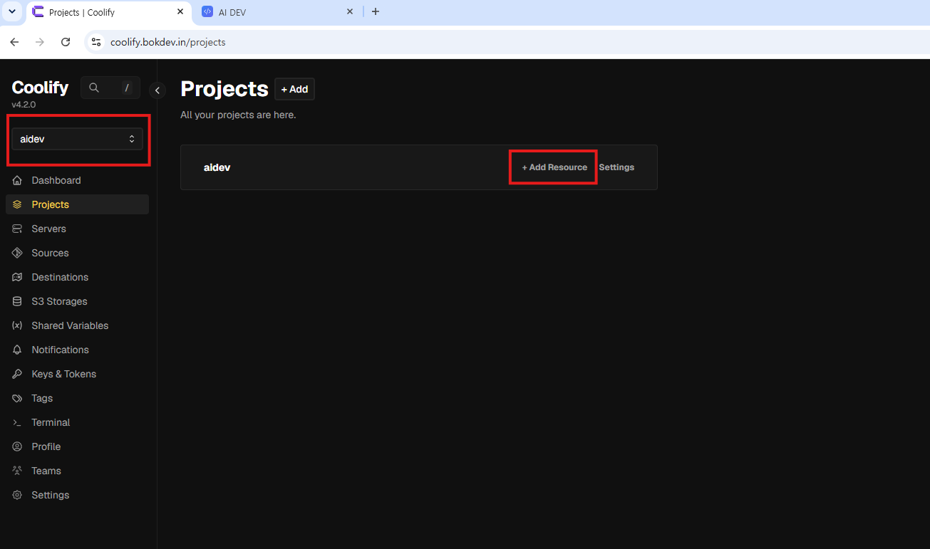 Coolify 팀 선택
